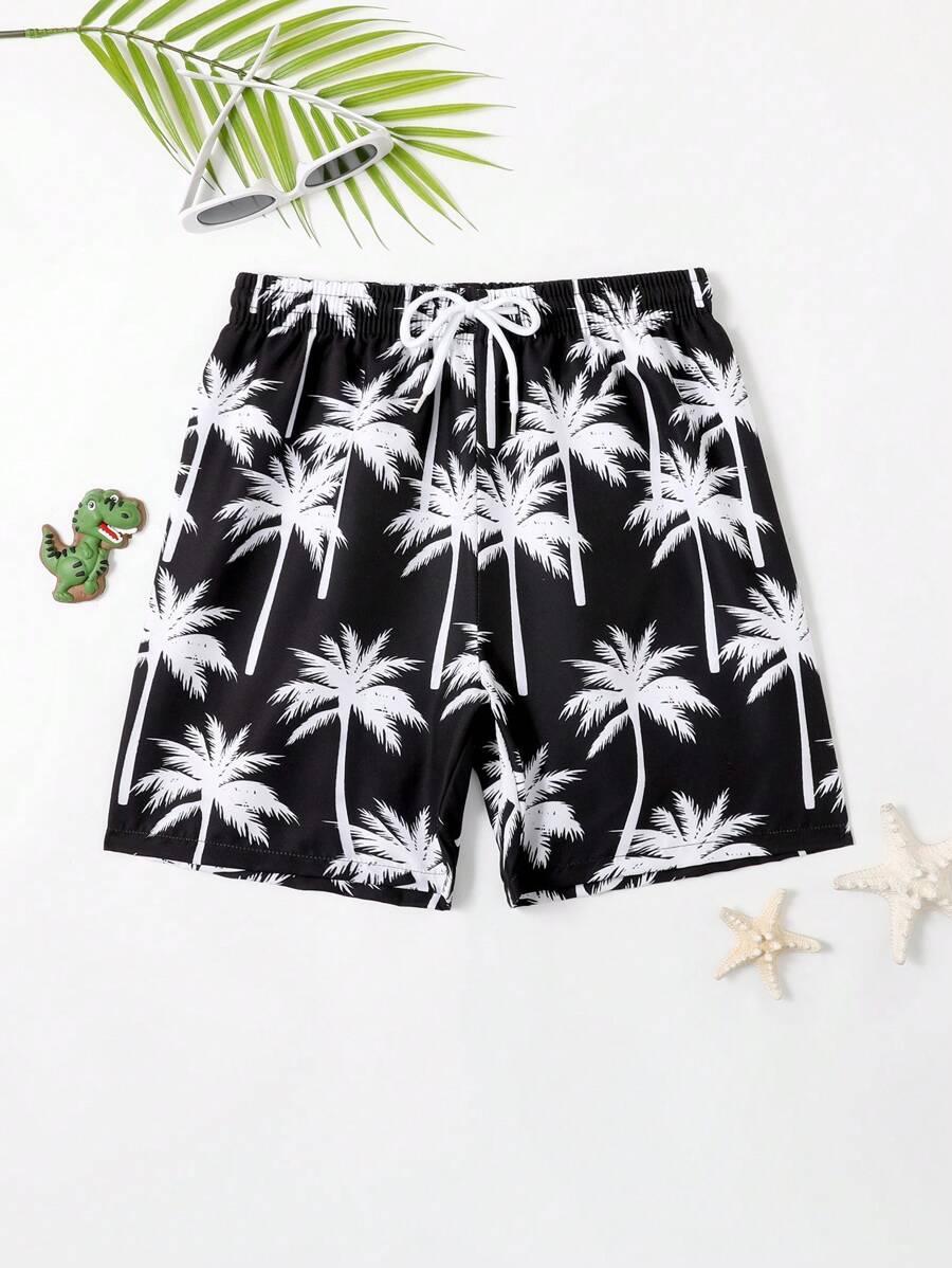 SHEIN Tween Boy Palm Tree Print Drawstring Waist Swim Shorts