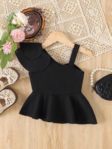 SHEIN Blusa de unicolor con volantes 3D para niñas jóvenes, para primavera/verano - Negro - Ver 2