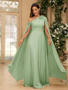 SHEIN Belle 3D Flower Decor, Flowy Sleeve, Asymmetrical Shoulder Chiffon Bridesmaid Dress, Women Evening Party Gown, Wedding Guest Dress, Formal Dress - Mint Green - View 7