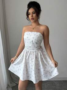 Elenzga Women's Ditsy Floral Ruffle Bandeau Short Holiday Dress