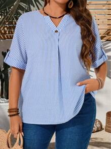 EMERY ROSE Plus Size Women Casual Striped Batwing Sleeve Shirt,Summer For Women,Rave,Easter Curve,Country Concert - Blue and White - View 1