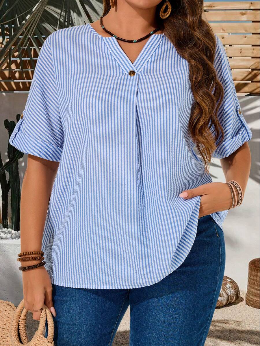 EMERY ROSE Plus Size Women Casual Striped Batwing Sleeve Shirt,Summer For Women,Rave,Easter Curve,Country Concert - Blue and White - View 1