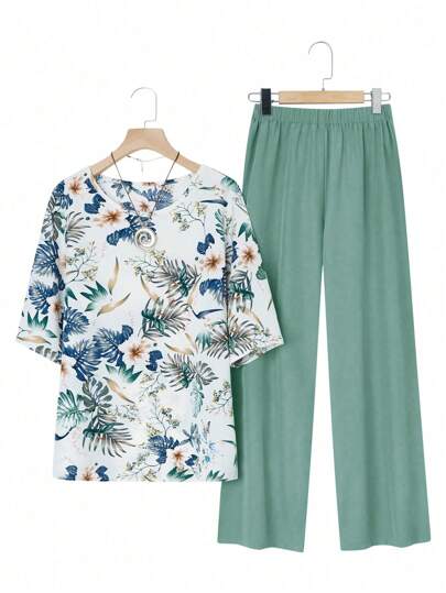 EMERY ROSE 2 件套女士圆领短袖全身植物印花上衣和直筒休闲裤套装