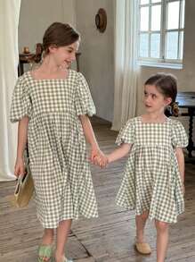 LMoss Kids LMoss   Young Girl Woven Plaid Square Neck Puff Sleeve Fitted Dress,Sisters Outfit,3D Bow Decor,Casual Dress Unique Dresses For Girls    Girls Summer Dresses Spring Dresses For Girls Summer Clothes For Girls Spring Girl Clothes