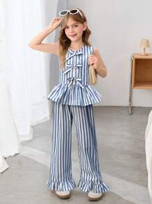 SHEIN Leap Crew Conjunto de 2 piezas para niñas preadolescentes con blusa sin mangas de cuello redondo con volantes y rayas + pantalones anchos de pierna suelta, para uso casual de resort - Azul - Ver 12