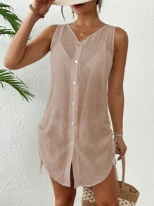 Swim Lushoire 女士纯色披肩，正面带纽扣，适合海滩、度假