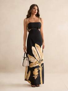 SHEIN Tall 女士波西米亚风香蕉树印花镂空腰后绑带无袖黑色连衣裙，假日休闲夏装 - 黑色 - 查看 5