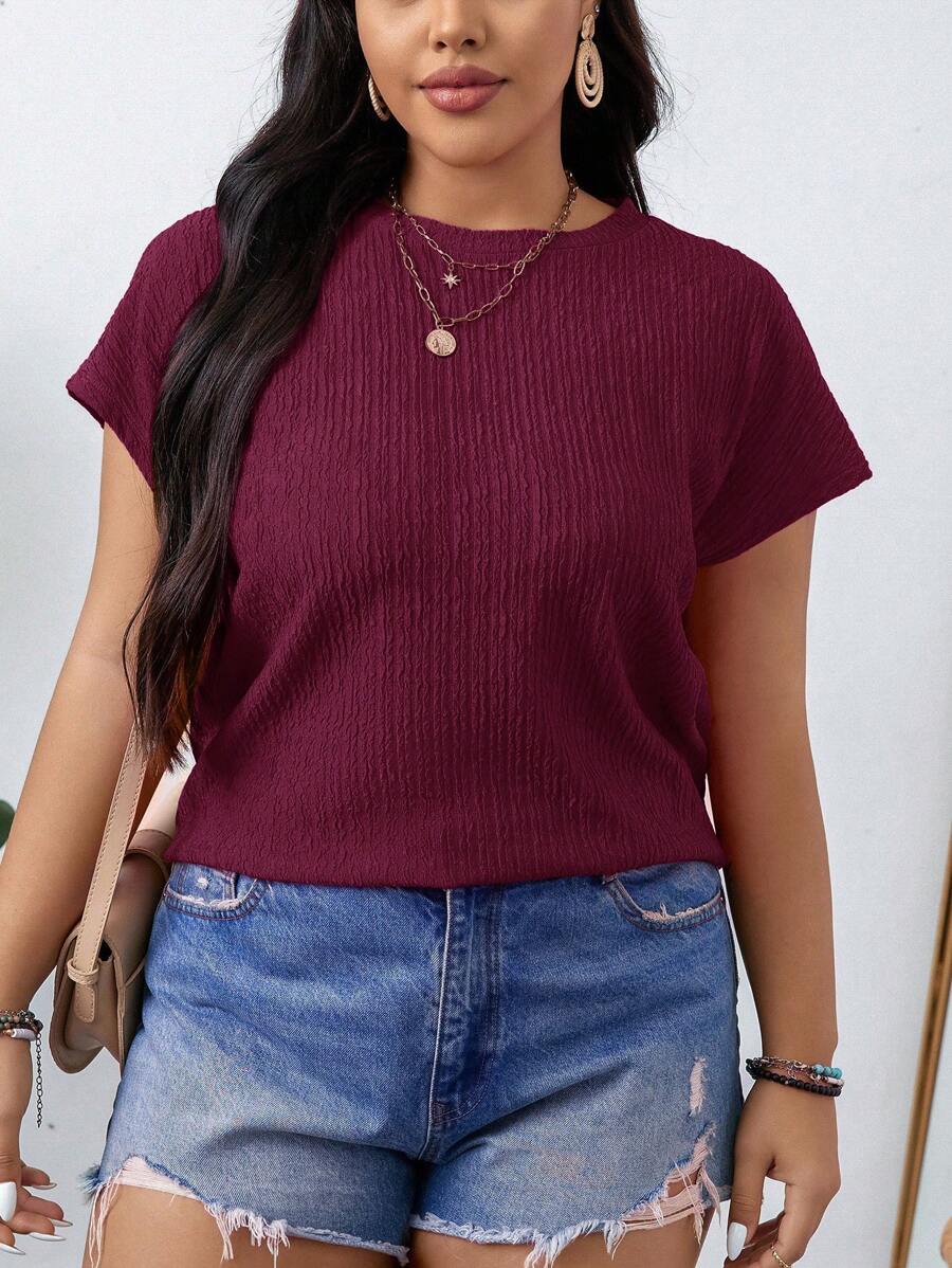 SHEIN LUNE Plus Size Women's Solid Color Round Neck Short Sleeve Casual Loose Blouse - Red Violet - View 1