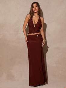 Silquee Women's Elegant Solid Color Low Waist Ultra Long Skirt, Summer - Brown - View 5