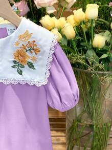 LMoss Kids LMoss Young Girl Color Block Embroidery Collar Casual Blouse - Purple - View 6