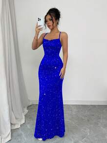Elenzga Vestido de diseño de tirantes finos y vendaje con brillos para mujer, para fiesta - azul real - Ver 6