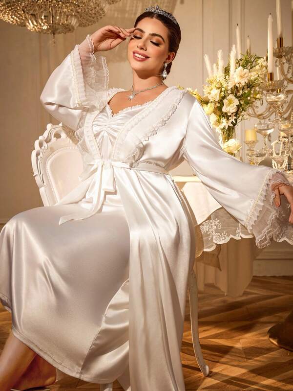 LuxeNights Set elegant de cămașă de noapte și halat de seară din satin, model patchwork, mărime mare, pentru nunți, cu imprimeu de vacanță