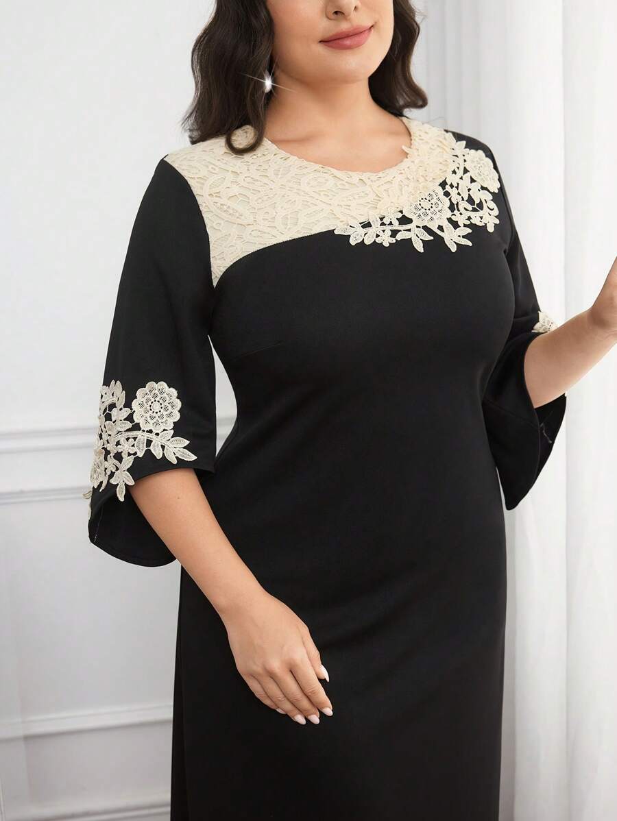 Modelyn Vestido elegante de talla grande con contraste de color y parche de encaje - Multicolor - Ver 1