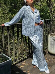DAZY Conjunto de pijama holgado de satén con estampado de leopardo, de moda para verano, otoño e invierno - Azul - Ver 7