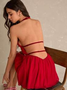 Poéselle Women's Solid Color Deep V-Neck Ruched Sexy Halter Dress, Vacation Wear - Red - View 1