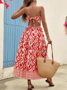 SHEIN VCAY Boho Printed Spaghetti Strap Dress For Women, Suitable For Vacation & Beach - Orange - View 2