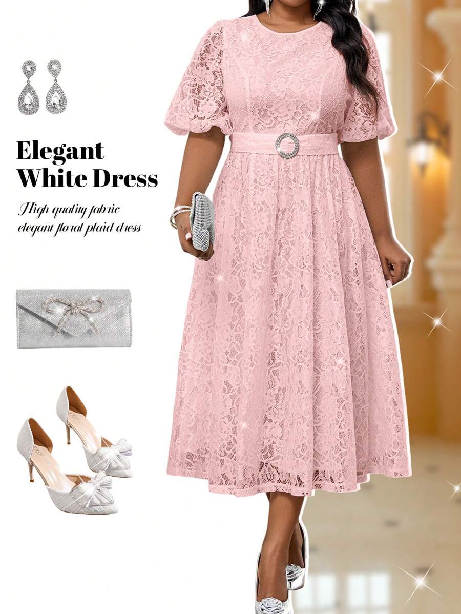 Fleurora 春夏休闲优雅工作白色撞色蕾丝衬衫裙 TU Nic 连衣裙中长款女士连衣裙加大码女装，女士正式连衣裙 - 粉色 - 查看 1