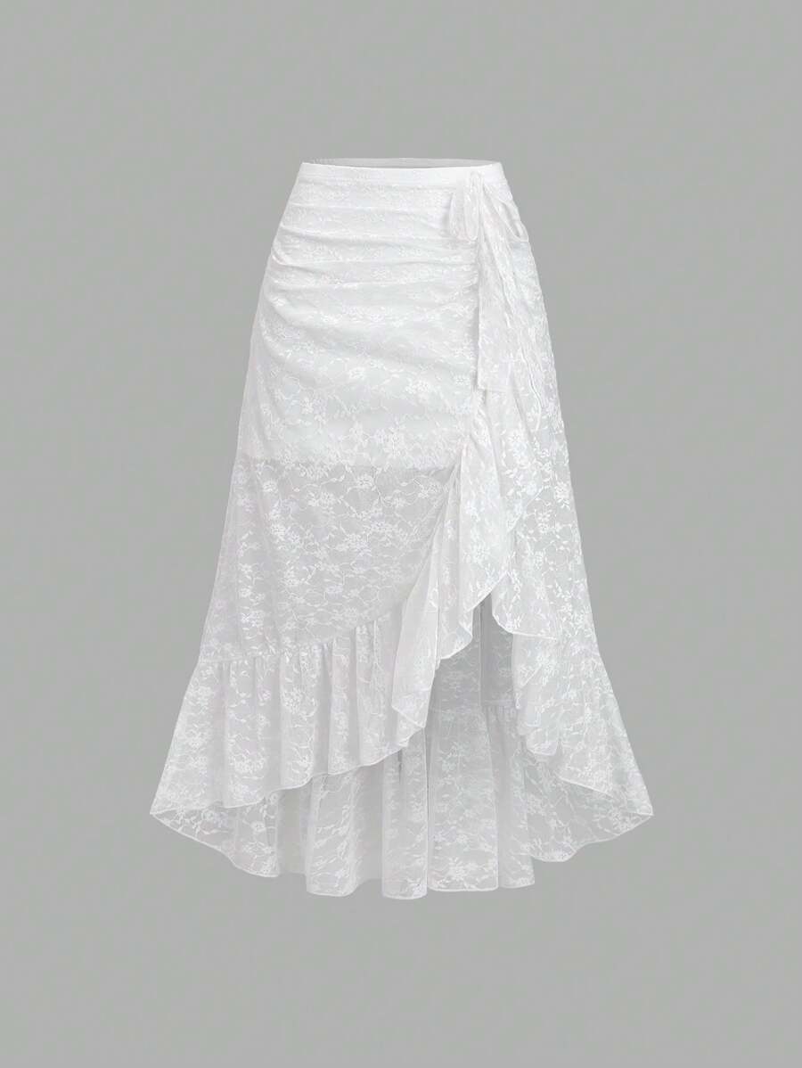 Sweetra Women's Elegant White Flower Lace High Low Hem Skirt,Retro Palace Style Drawstring Layered Ruffle Half Slip,Summer Tea Party Vacation Holiday Skirt - White - View 1
