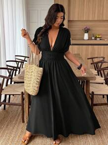 Breezaya Plus Size V-Neck Solid Color Short Sleeve Casual Dress, Suitable For Summer BASICS - Black - View 4