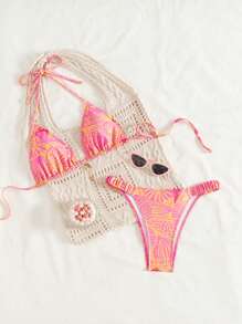 Swim Vcay 女式随机花卉印花细肩带比基尼套装，三角形上衣，可调节肩带，露背，侧褶下摆，夏季海滩度假风格