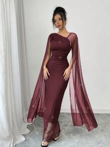 Elenzga Luxury Women's Solid Knitted Mesh Pleated Cape Sleeve Fitted Bodycon Evening Dress