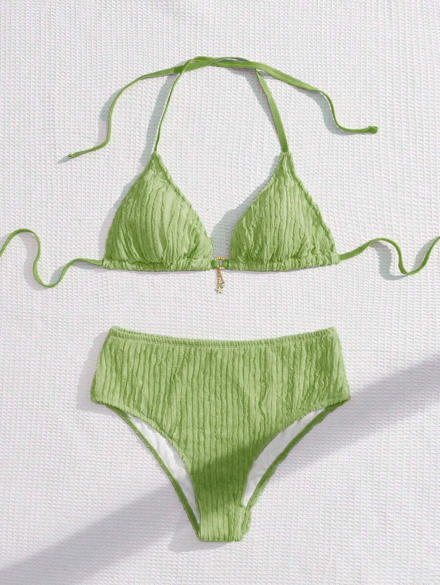 Swim Mod 大码女式两件套泳衣套装,纯色纹理面料,甜美可爱系带三角杯吊坠装饰,休闲度假泳装 - 綠色 - 查看 1