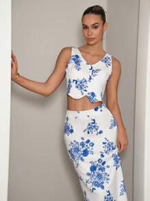 SHEIN Clasi Women 2 Pieces Set Consisting Of Vest And Skirt, Casual & Stylish, Suitable For Summer Two Pieces Set Women - Blue and White - View 1