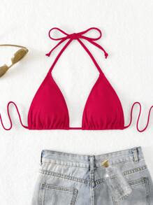 Swim Basics Women's Solid Color Halter Neck Swimsuit Bikini Top, Fashionable For Summer - Red - View 2