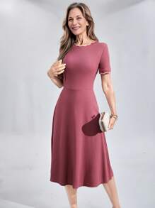 Miaspire Vestido de unicolor de longitud media con mangas cortas, simple y de moda, apropiado para el verano
