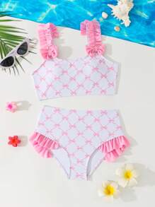 Tween Girl Floral Bowknot Ribbon Print Pattern Swimsuit Set, Random Print - Pink - View 1