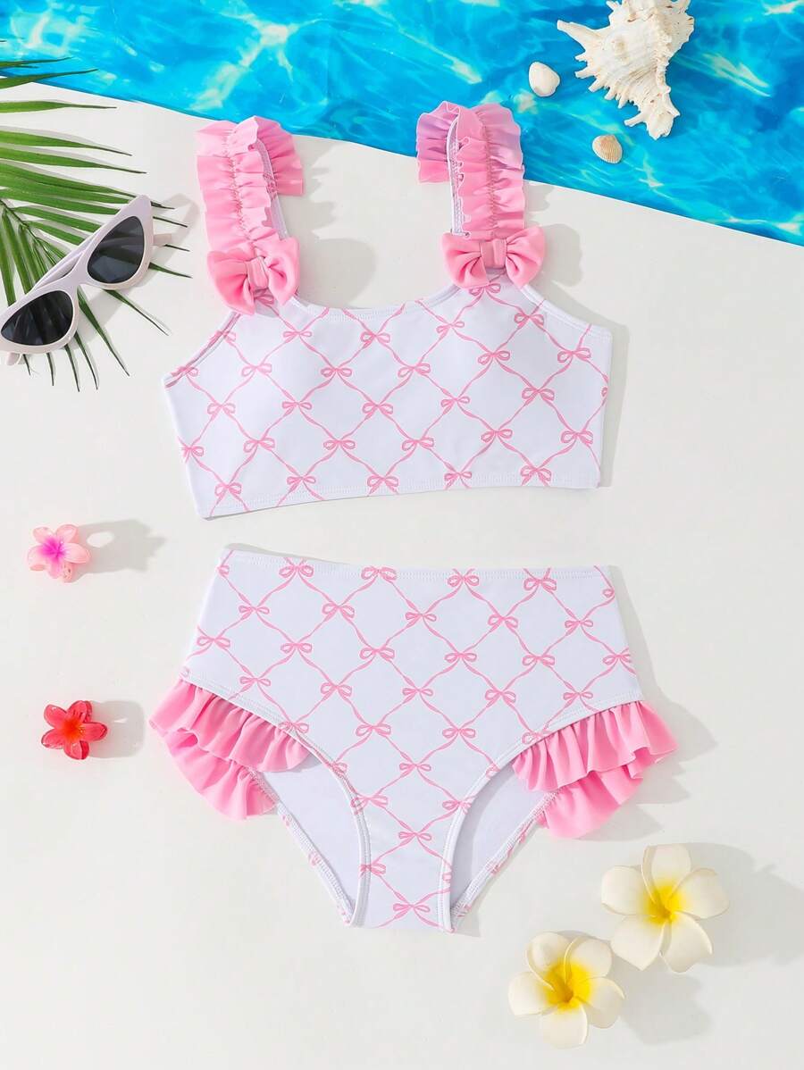 Tween Girl Floral Bowknot Ribbon Print Pattern Swimsuit Set, Random Print - Pink - View 1