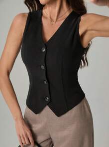 SHEIN Tall Top de cárdigan sin mangas con cuello en V de color liso casual para mujeres altas - Negro - Ver 4