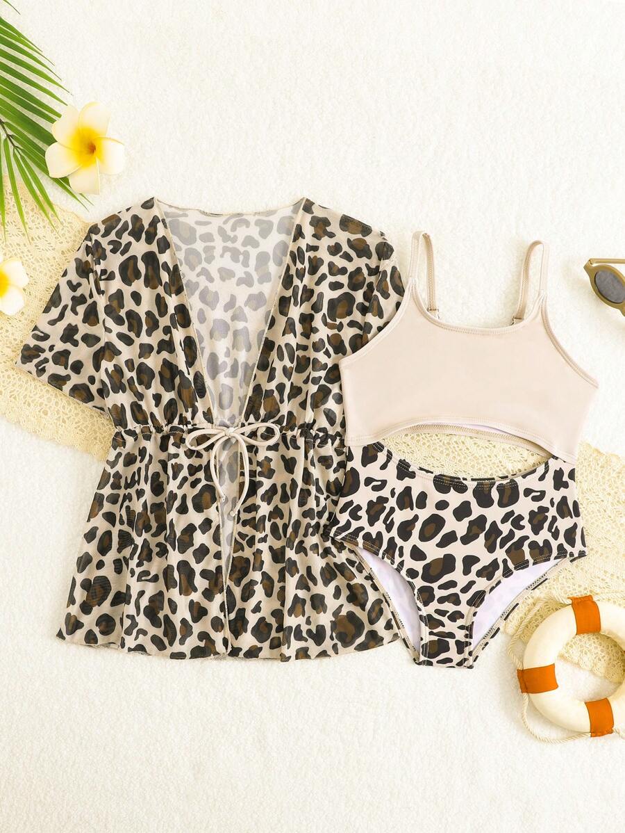 1pc Young Girl Printed One-Piece Swimsuit With Cover Up - Champagne - View 1