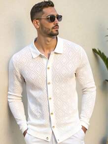 Manfinity Homme Men's Solid Color Geometric Hollow Out Knit Cardigan Summer Cloths For Men Knit Shirt Men Button Up Style Men