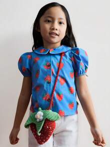 SHEIN Young Girls Strawberry Print Puff Sleeve Collared Button-Down Blouse, Vacation Style Countryside Aesthetic - Blue - View 8