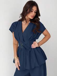 Firerie New Elegant Apricot Bamboo Knit V-Neck Buttoned Cardigan & High Waist Wide Leg Pants Commuter 2 Pieces Set - Navy Blue - View 4