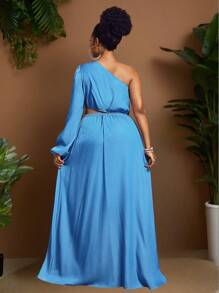 Slaydiva Vestido azul de talla grande elegante y de fiesta y romántico y casual, con hombro descubierto, calado y abertura con flores 3D - Azul - Ver 2