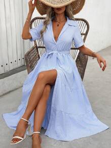 SHEIN PETITE Women's Casual Vacation Blue Striped Polo Collar Short Sleeve Self-Tie Belt Maxi Swing Dress