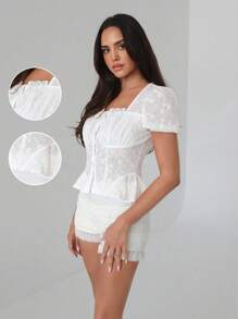 Roylia 方领撞色荷叶边纹理面料女式泡泡袖衬衫 - 白色 - 查看 1