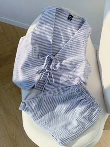 Comfortcana 大码女式条纹前系带吊带背心和短裤套装，夏季 - 藍白色 - 查看 3