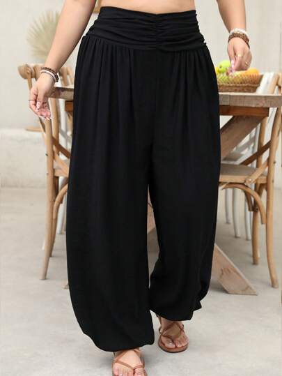 SHEIN LUNE Plus Size Casual Solid Color Pleated Loose Pants