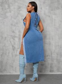 SHEIN SXY Plus Size Women Stretch Patchwork Distressed Frayed Hem High Slit Denim Dress Club Outfits Women Sexy Cowgirl Outfits For Women  Summer Outfits For Women Festival Outfits