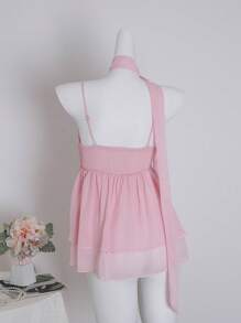 Sweetra Áo hai dây xếp ly voan trơn màu mùa hè dành cho nữ, thích hợp cho kỳ nghỉ và tiệc tùng - Hồng - Xem 2