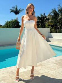 Aloruh Women's Elegant Fit And Flare White Midi Dress,Summer Lace Trim A-Line Graduation Dresses,Wedding Guest Dress,Holiday Tropical Vacation Solid Colour - White - View 5