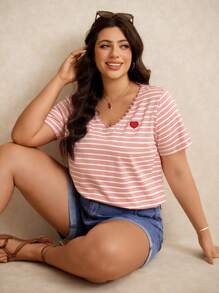 Elaquor Camiseta de manga corta con rayas y bordado de corazón, informal y de talla grande, para verano