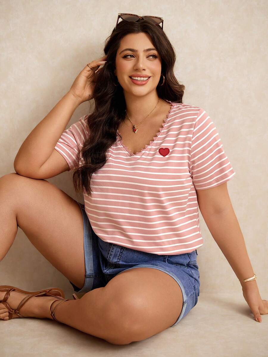 Elaquor Camiseta de manga corta con rayas y bordado de corazón, informal y de talla grande, para verano