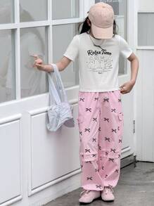 DAZY 2 Stücke Tween Mädchen Herbstkleidung Set: Tween Mädchen Rundausschnitt gestricktes Shirt mit Allover-Muster Kurzarm + Schleifenmuster Webstoff Lange Hose, Frühling/Sommer, Schulanfang Kleidung