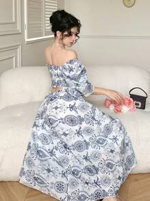 DAZY Elegant Boho Retro Style Blue & White Porcelain Floral Off Shoulder Midi Dress For Women, Summer Vacation Outfits Women - Blue - View 5