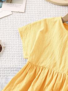 SHEIN LMoss Kids LMoss Young Girl Young Girl Woven Solid Color Loose Casual Blouse With Round Neck & Bowtie - Yellow - View 4