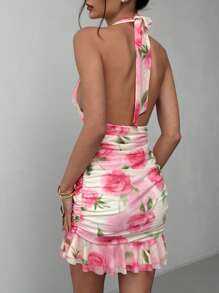 Aloruh Women's Vacation Floral Print Plunge Ruched Halter Neck Mini Dress - Baby Pink - View 2